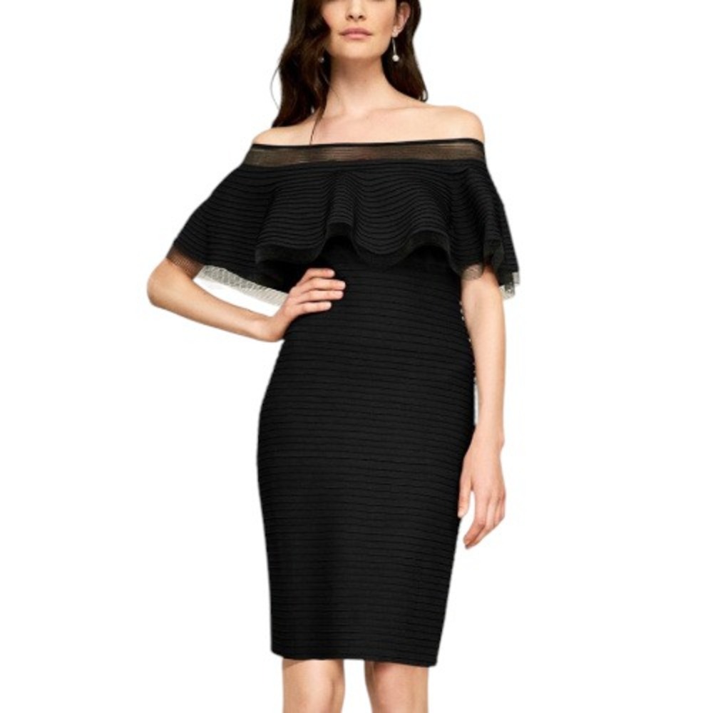 Tadashi Shoji Little Black Dress Off Shoulder Ruffle Mesh Trim Bodycon Size S